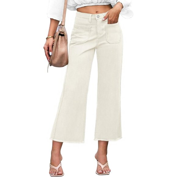 Women Cropped Denim Pants High Waist Stretchy with Pockets Casual